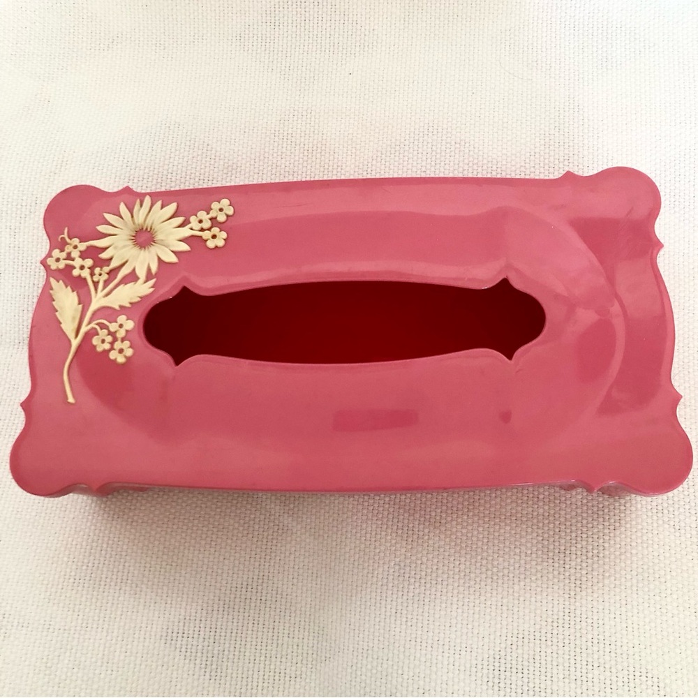Vintage mid century 60's Plastic Pink Schwarz Bros Tissue Box Cover Floral - Picture 5 of 16